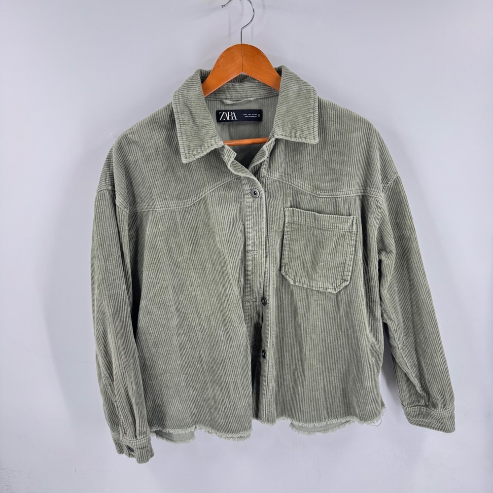 Zara Wide Wale Corduroy Shirt Sage Green Large Shacket Raw Hem Oversized